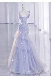 Vintage Mermaid One Shoulder Lilac Tulle Satin Long Semi Formal Prom Dresses Party Dress